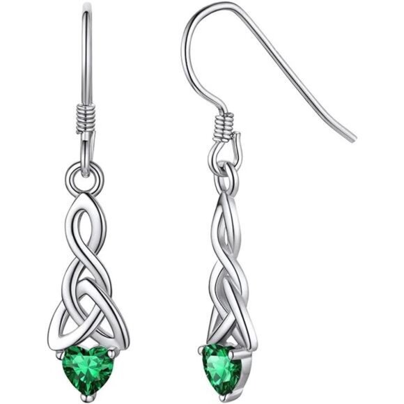 Sparkling Heart Birthstone 925 Sterling Silver Celtic Knot Dangle Hook Earrings - Picture 1 of 7